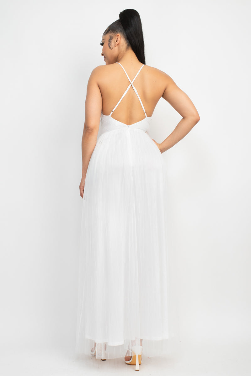 pleated mesh maxi dress