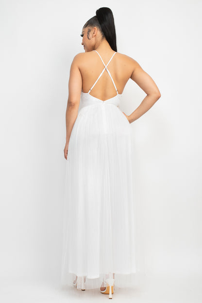 Pleated Mesh Maxi Dress