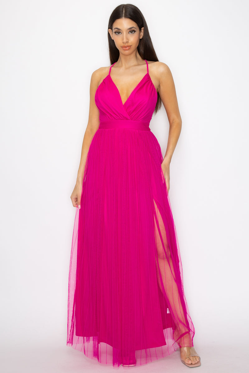 pleated mesh maxi dress