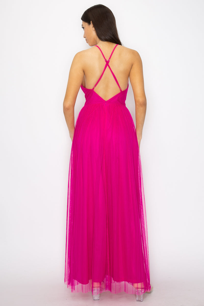 pleated mesh maxi dress