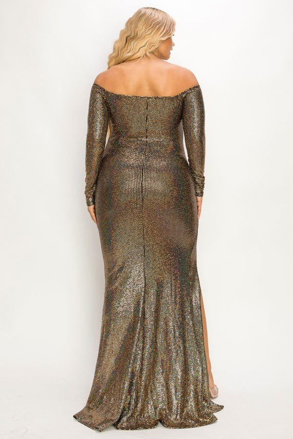 off shoulder metallic fabric dress