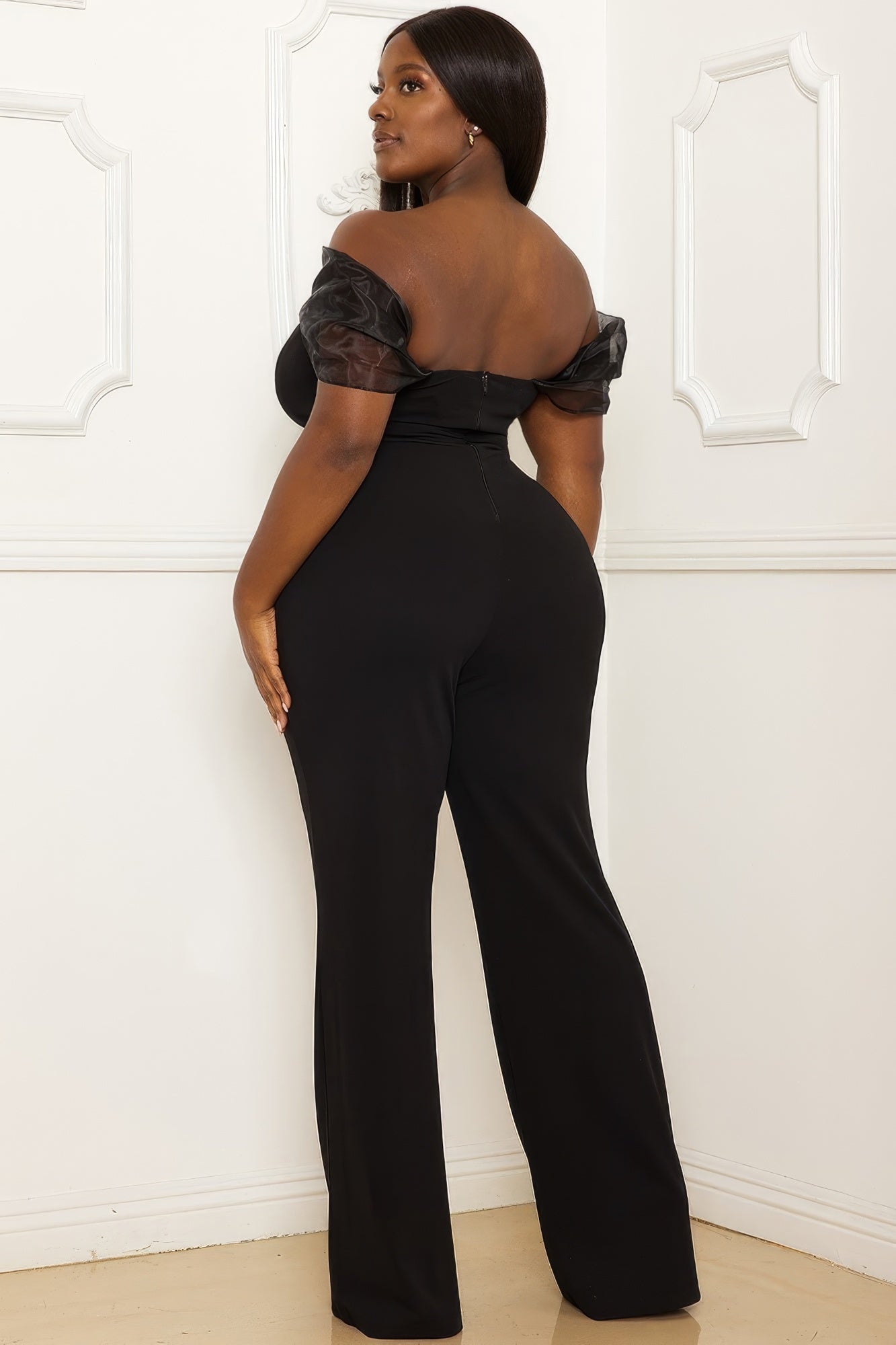 mesh off shoulder jumpsuit