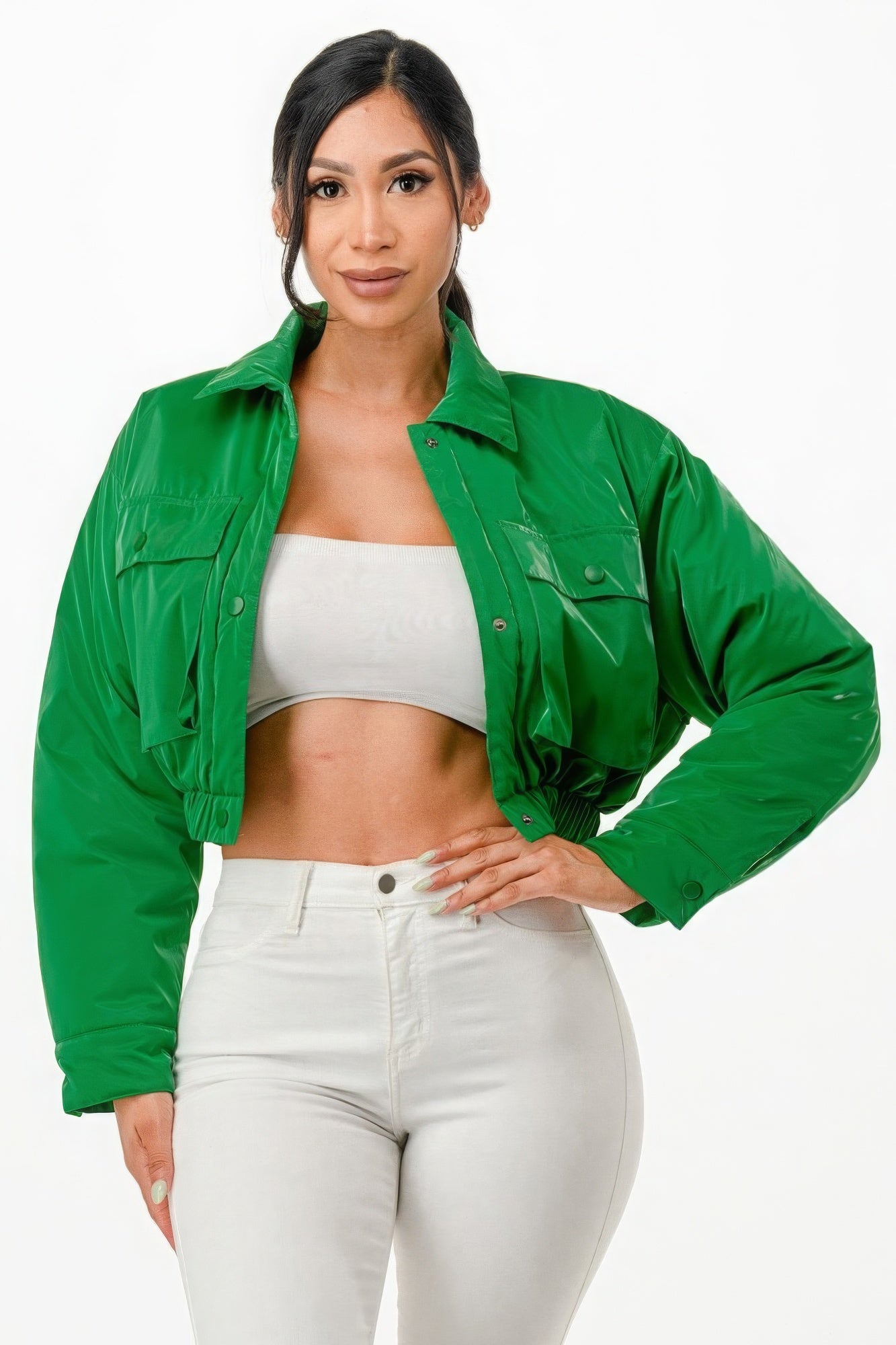 shiny puffer bomber jacket