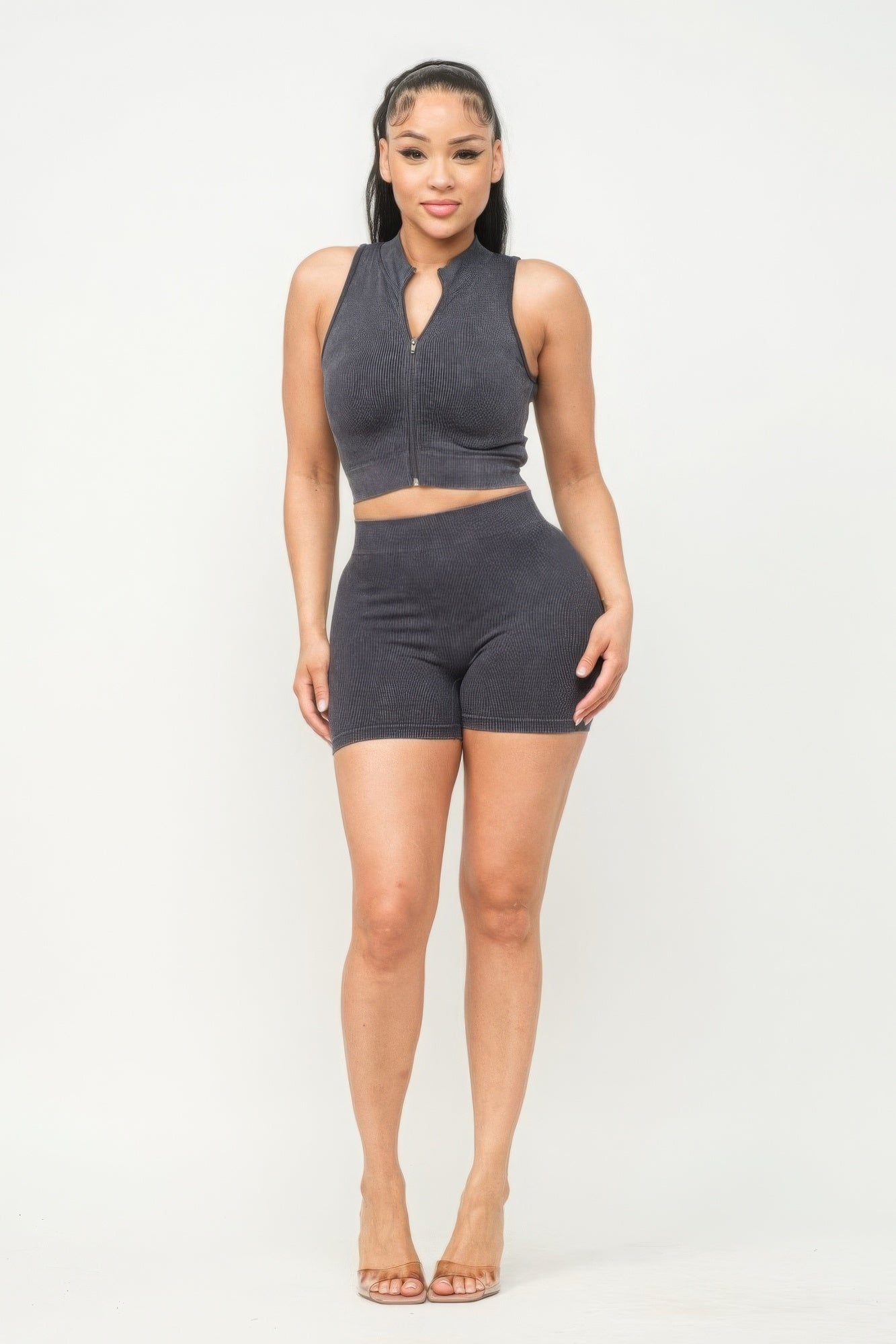 washed zipper top & shorts set