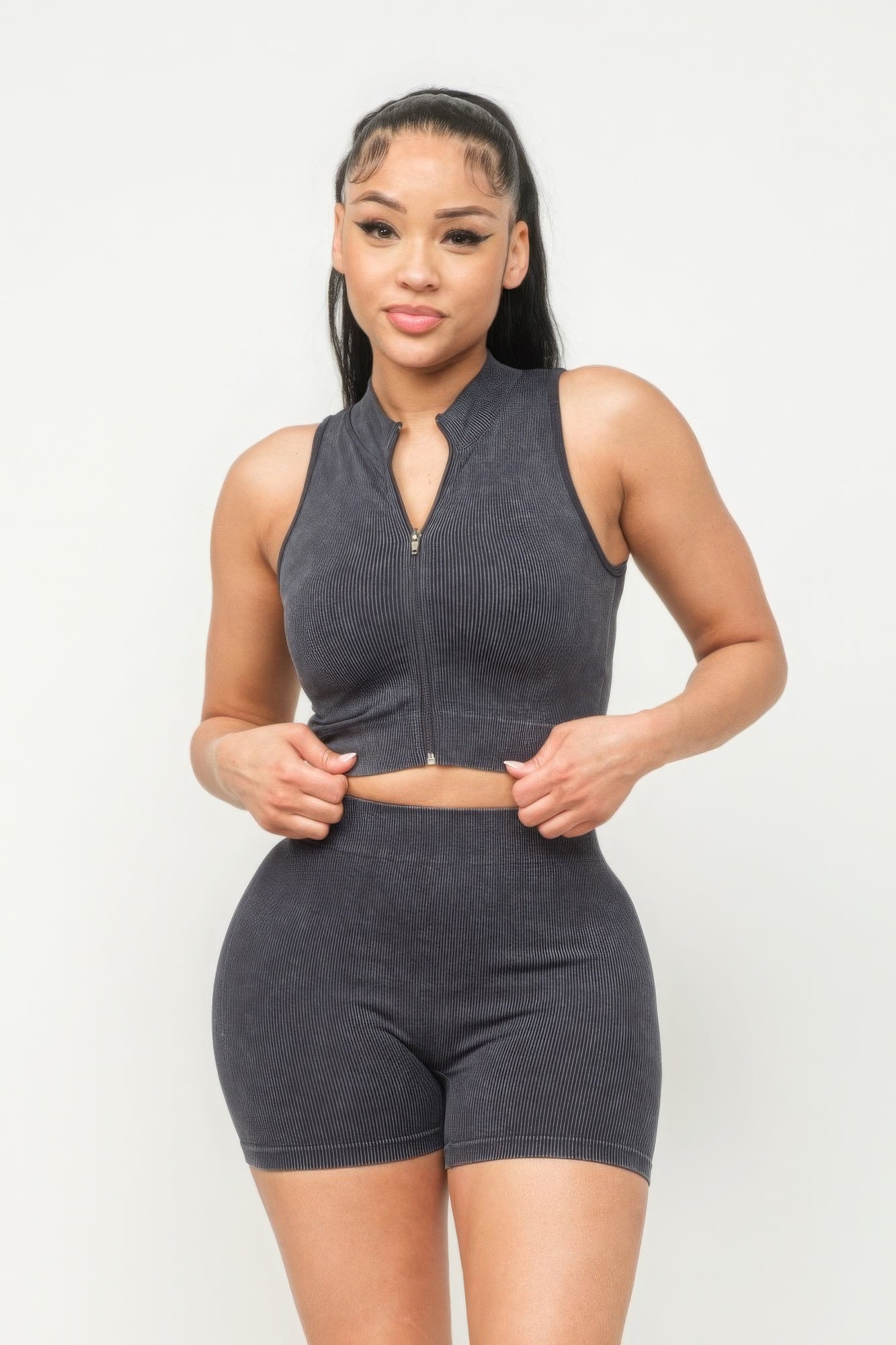 washed zipper top & shorts set